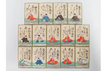 時代物　木箱　肉筆　彩色　小倉百人一首(カルタ、かるた、歌留多、百人首、ケース付)(R-081675)