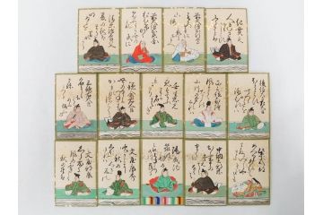時代物　木箱　肉筆　彩色　小倉百人一首(カルタ、かるた、歌留多、百人首、ケース付)(R-081675)