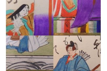 時代物　木箱　肉筆　彩色　小倉百人一首(カルタ、かるた、歌留多、百人首、ケース付)(R-081675)