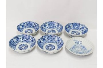 江戸期　古伊万里　染付　渦福　なます皿　4.7寸・4.9寸　お料理を華やかに引き立ててくれる皿6枚セット(花唐草、輪花皿、変形皿、小皿、豆皿、中皿、銘々皿、取り皿、和皿、和食器、四寸七分、四寸九分)(R-081679)
