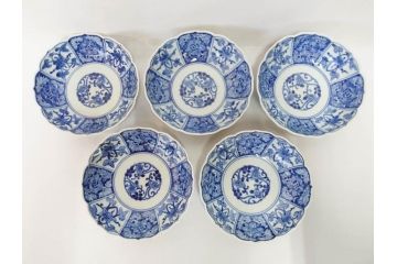 江戸期　古伊万里　染付　渦福　なます皿　4.7寸・4.9寸　お料理を華やかに引き立ててくれる皿6枚セット(花唐草、輪花皿、変形皿、小皿、豆皿、中皿、銘々皿、取り皿、和皿、和食器、四寸七分、四寸九分)(R-081679)