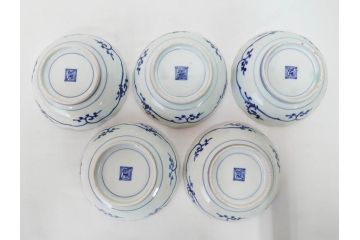 江戸期　古伊万里　染付　渦福　なます皿　4.7寸・4.9寸　お料理を華やかに引き立ててくれる皿6枚セット(花唐草、輪花皿、変形皿、小皿、豆皿、中皿、銘々皿、取り皿、和皿、和食器、四寸七分、四寸九分)(R-081679)