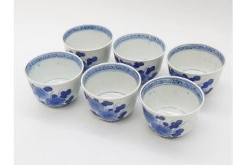江戸期　古伊万里　染付　花蝶図　清楚な佇まいの湯呑6客セット(雷紋、湯のみ、ぐい呑み、茶器、煎茶、和食器)(R-081684)