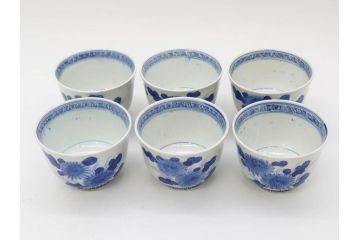 江戸期　古伊万里　染付　花蝶図　清楚な佇まいの湯呑6客セット(雷紋、湯のみ、ぐい呑み、茶器、煎茶、和食器)(R-081684)