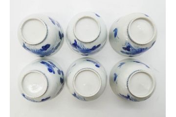 江戸期　古伊万里　染付　花蝶図　清楚な佇まいの湯呑6客セット(雷紋、湯のみ、ぐい呑み、茶器、煎茶、和食器)(R-081684)
