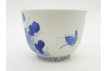 江戸期　古伊万里　染付　花蝶図　清楚な佇まいの湯呑6客セット(雷紋、湯のみ、ぐい呑み、茶器、煎茶、和食器)(R-081684)