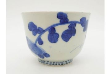 江戸期　古伊万里　染付　花蝶図　清楚な佇まいの湯呑6客セット(雷紋、湯のみ、ぐい呑み、茶器、煎茶、和食器)(R-081684)