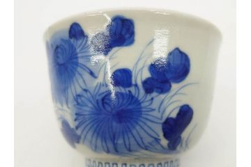 江戸期　古伊万里　染付　花蝶図　清楚な佇まいの湯呑6客セット(雷紋、湯のみ、ぐい呑み、茶器、煎茶、和食器)(R-081684)