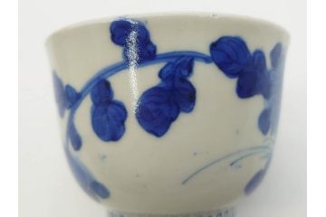 江戸期　古伊万里　染付　花蝶図　清楚な佇まいの湯呑6客セット(雷紋、湯のみ、ぐい呑み、茶器、煎茶、和食器)(R-081684)