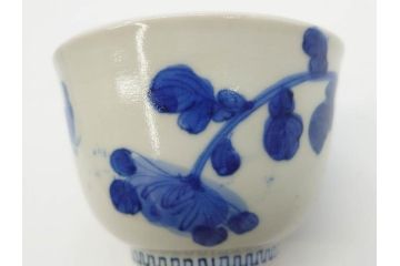 江戸期　古伊万里　染付　花蝶図　清楚な佇まいの湯呑6客セット(雷紋、湯のみ、ぐい呑み、茶器、煎茶、和食器)(R-081684)