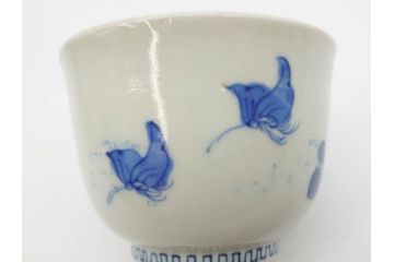 江戸期　古伊万里　染付　花蝶図　清楚な佇まいの湯呑6客セット(雷紋、湯のみ、ぐい呑み、茶器、煎茶、和食器)(R-081684)