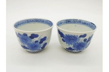 江戸期　古伊万里　染付　花蝶図　清楚な佇まいの湯呑6客セット(雷紋、湯のみ、ぐい呑み、茶器、煎茶、和食器)(R-081684)