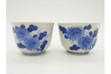 江戸期　古伊万里　染付　花蝶図　清楚な佇まいの湯呑6客セット(雷紋、湯のみ、ぐい呑み、茶器、煎茶、和食器)(R-081684)