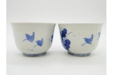 江戸期　古伊万里　染付　花蝶図　清楚な佇まいの湯呑6客セット(雷紋、湯のみ、ぐい呑み、茶器、煎茶、和食器)(R-081684)