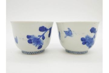 江戸期　古伊万里　染付　花蝶図　清楚な佇まいの湯呑6客セット(雷紋、湯のみ、ぐい呑み、茶器、煎茶、和食器)(R-081684)
