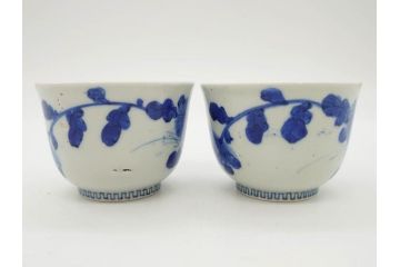 江戸期　古伊万里　染付　花蝶図　清楚な佇まいの湯呑6客セット(雷紋、湯のみ、ぐい呑み、茶器、煎茶、和食器)(R-081684)