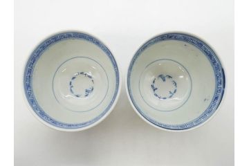 江戸期　古伊万里　染付　花蝶図　清楚な佇まいの湯呑6客セット(雷紋、湯のみ、ぐい呑み、茶器、煎茶、和食器)(R-081684)