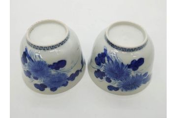 江戸期　古伊万里　染付　花蝶図　清楚な佇まいの湯呑6客セット(雷紋、湯のみ、ぐい呑み、茶器、煎茶、和食器)(R-081684)