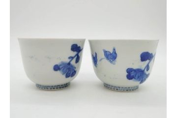 江戸期　古伊万里　染付　花蝶図　清楚な佇まいの湯呑6客セット(雷紋、湯のみ、ぐい呑み、茶器、煎茶、和食器)(R-081684)