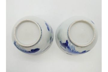 江戸期　古伊万里　染付　花蝶図　清楚な佇まいの湯呑6客セット(雷紋、湯のみ、ぐい呑み、茶器、煎茶、和食器)(R-081684)