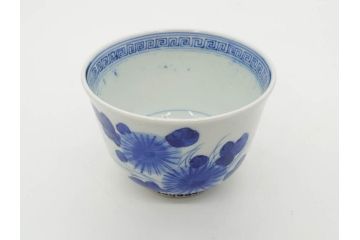 江戸期　古伊万里　染付　花蝶図　清楚な佇まいの湯呑6客セット(雷紋、湯のみ、ぐい呑み、茶器、煎茶、和食器)(R-081684)