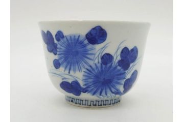 江戸期　古伊万里　染付　花蝶図　清楚な佇まいの湯呑6客セット(雷紋、湯のみ、ぐい呑み、茶器、煎茶、和食器)(R-081684)