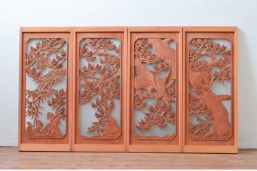 アンティーク建具　上手物!!　鷹(タカ)、松、竹の図柄の上質な彫刻が施された片面ガラス書院戸4枚セット(窓、ガラス戸、引き戸)(R-081704)