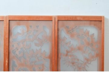 アンティーク建具　上手物!!　鷹(タカ)、松、竹の図柄の上質な彫刻が施された片面ガラス書院戸4枚セット(窓、ガラス戸、引き戸)(R-081704)