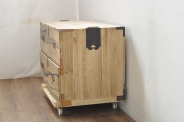 和製アンティーク　昭和初期　前面黒柿材　存在感のある模様に上品な銅金具が映える衣装箪笥・下段(和たんす、時代箪笥、ローチェスト、ローボード、テレビボード、テレビ台、TVボード、TV台、リビングボード、引き出し、収納箪笥、整理タンス)(R-081729)