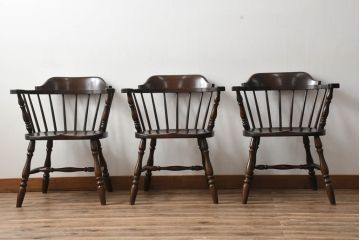 和製ビンテージ　松本民芸家具　#91型　落ち着きのある大人カフェ風インテリアが叶うキャプテンチェア3脚セット(アームチェア、板座チェア、ダイニングチェア、椅子、イス、ヴィンテージ、バラ売り可能)(定価3脚で約39万円)(R-081735)