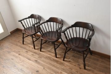 和製ビンテージ　松本民芸家具　#91型　落ち着きのある大人カフェ風インテリアが叶うキャプテンチェア3脚セット(アームチェア、板座チェア、ダイニングチェア、椅子、イス、ヴィンテージ、バラ売り可能)(定価3脚で約39万円)(R-081735)