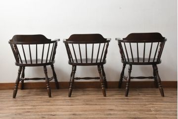 和製ビンテージ　松本民芸家具　#91型　落ち着きのある大人カフェ風インテリアが叶うキャプテンチェア3脚セット(アームチェア、板座チェア、ダイニングチェア、椅子、イス、ヴィンテージ、バラ売り可能)(定価3脚で約39万円)(R-081735)