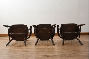 和製ビンテージ　松本民芸家具　#91型　落ち着きのある大人カフェ風インテリアが叶うキャプテンチェア3脚セット(アームチェア、板座チェア、ダイニングチェア、椅子、イス、ヴィンテージ、バラ売り可能)(定価3脚で約39万円)(R-081735)