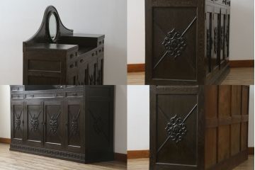 和製アンティーク　超美品!!　奇跡のコンディション!!　高級品　楢(ナラ)材　大正ロマン　古い洋館の彫刻入り　異国情緒を感じる絶妙なデザインが魅力のミラーバックサイドボード(サイドキャビネット、収納棚、戸棚)(R-081748)
