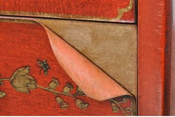 アジアンビンテージ　オリエンタルデザイン　華やかな花鳥図が描かれた朱塗りのサイドチェスト(引き出し、サイドボード、ヴィンテージ)(R-081750)
