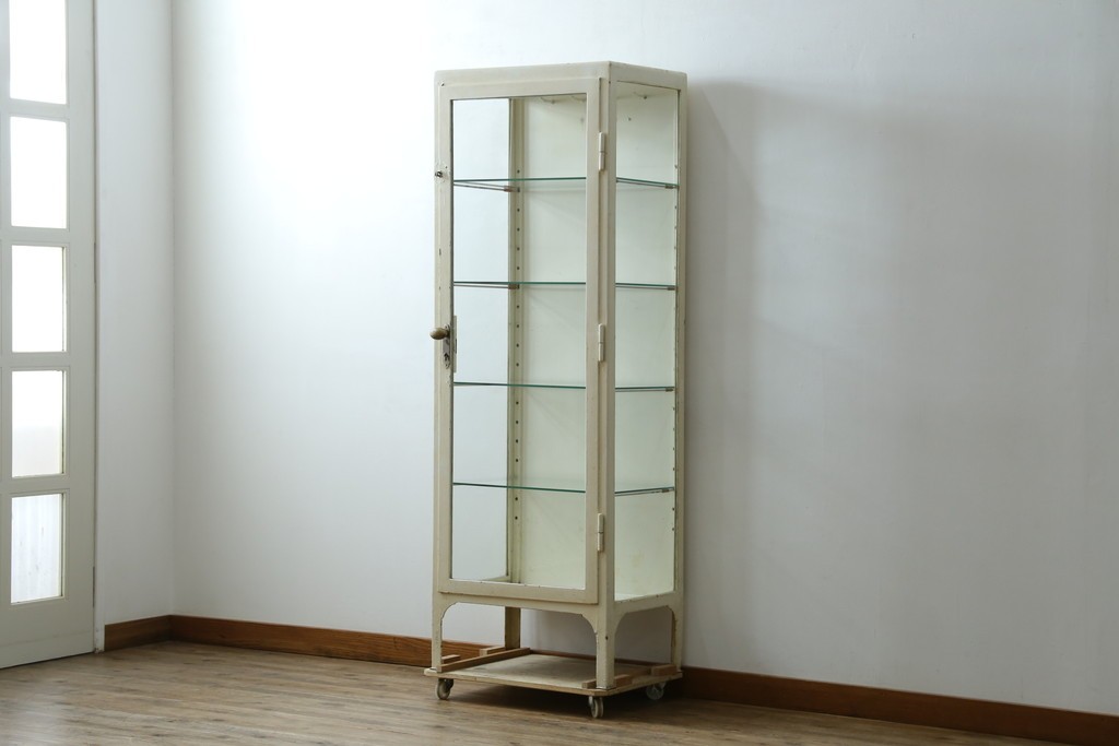 フランスアンティーク　アイアンフレーム　ペイント　縦型　シャビーシックな雰囲気が魅力のメディカルキャビネット　(R-081792)