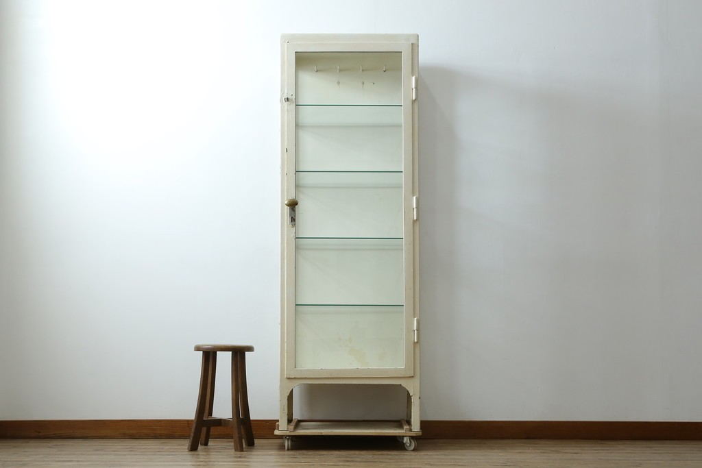 フランスアンティーク　アイアンフレーム　ペイント　縦型　シャビーシックな雰囲気が魅力のメディカルキャビネット　(R-081792)