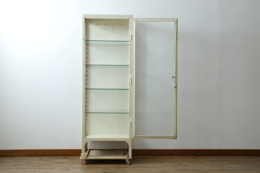 フランスアンティーク　アイアンフレーム　ペイント　縦型　シャビーシックな雰囲気が魅力のメディカルキャビネット　(R-081792)