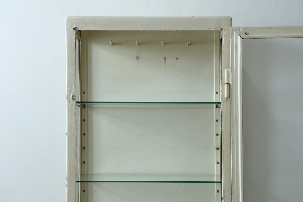 フランスアンティーク　アイアンフレーム　ペイント　縦型　シャビーシックな雰囲気が魅力のメディカルキャビネット　(R-081792)