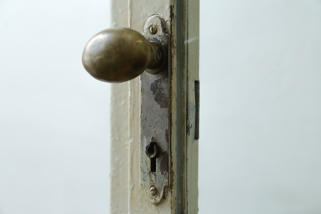 フランスアンティーク　アイアンフレーム　ペイント　縦型　シャビーシックな雰囲気が魅力のメディカルキャビネット　(R-081792)