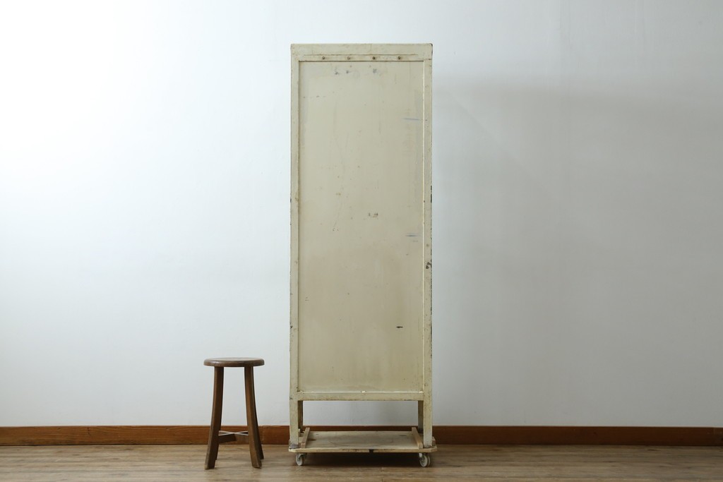 フランスアンティーク　アイアンフレーム　ペイント　縦型　シャビーシックな雰囲気が魅力のメディカルキャビネット　(R-081792)