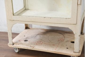 フランスアンティーク　アイアンフレーム　ペイント　縦型　シャビーシックな雰囲気が魅力のメディカルキャビネット(ケビント、ガラスケース、ショーケース、陳列棚、飾り棚、戸棚、店舗什器)(R-081792)