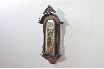和製アンティーク　明治〜大正期　精工舎(SEIKOSHA、セイコー)　TRADE(S)MARK　黒柿材　立派な彫刻とユニークな振り子のデザインが魅力的な柱時計(掛け時計、古時計、振り子時計)(R-081830)