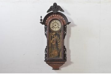 和製アンティーク　明治〜大正期　精工舎(SEIKOSHA、セイコー)　TRADE(S)MARK　黒柿材　立派な彫刻とユニークな振り子のデザインが魅力的な柱時計(掛け時計、古時計、振り子時計)(R-081830)