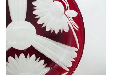 大正〜昭和初期　切子　色被せ　赤　約28cm　9.1寸　鮮やかな色のコントラストが美しいガラス皿(ボウル、硝子、大皿、和食器、九寸一分)(R-081866)