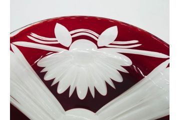 大正〜昭和初期　切子　色被せ　赤　約28cm　9.1寸　鮮やかな色のコントラストが美しいガラス皿(ボウル、硝子、大皿、和食器、九寸一分)(R-081866)