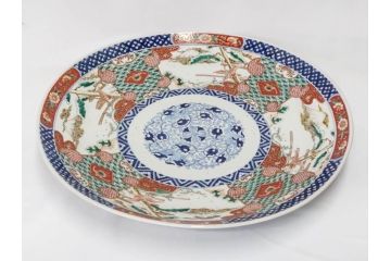 上手物　江戸期　古伊万里　色絵　山水松鶴　富士山　約56cm　1尺8寸　緻密な美しい絵付けに見惚れる大皿(尺皿、風景、和皿、和食器、一尺八寸)(R-081867)