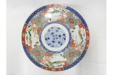 上手物　江戸期　古伊万里　色絵　山水松鶴　富士山　約56cm　1尺8寸　緻密な美しい絵付けに見惚れる大皿(尺皿、風景、和皿、和食器、一尺八寸)(R-081867)