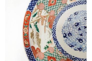 上手物　江戸期　古伊万里　色絵　山水松鶴　富士山　約56cm　1尺8寸　緻密な美しい絵付けに見惚れる大皿(尺皿、風景、和皿、和食器、一尺八寸)(R-081867)