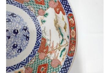 上手物　江戸期　古伊万里　色絵　山水松鶴　富士山　約56cm　1尺8寸　緻密な美しい絵付けに見惚れる大皿(尺皿、風景、和皿、和食器、一尺八寸)(R-081867)